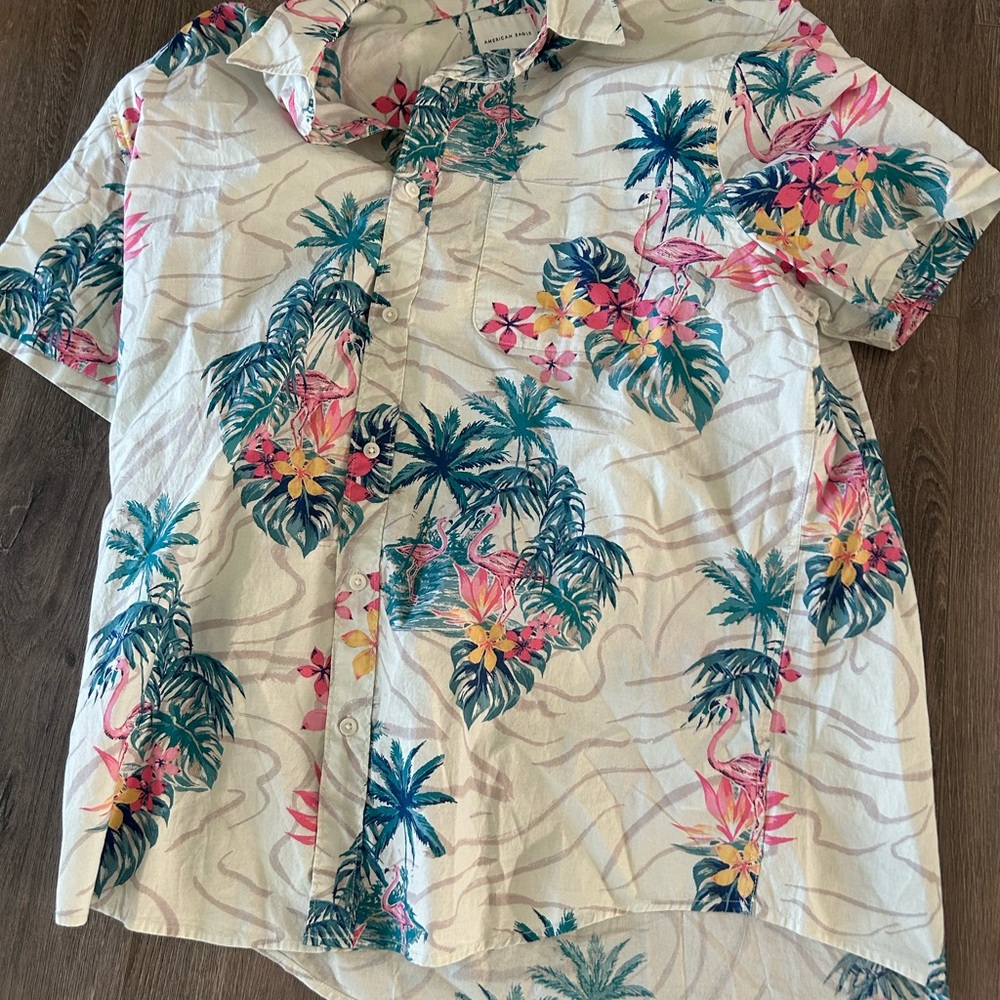 American Eagle Outfitters Cream and Pink Casual Button Down Shirt